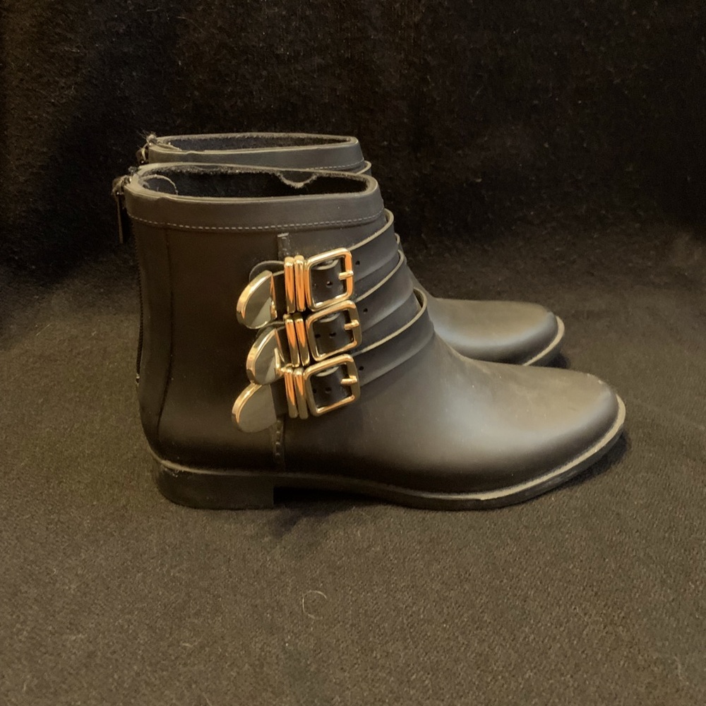 Loeffler Randall black rain boots with gold buckles size 6